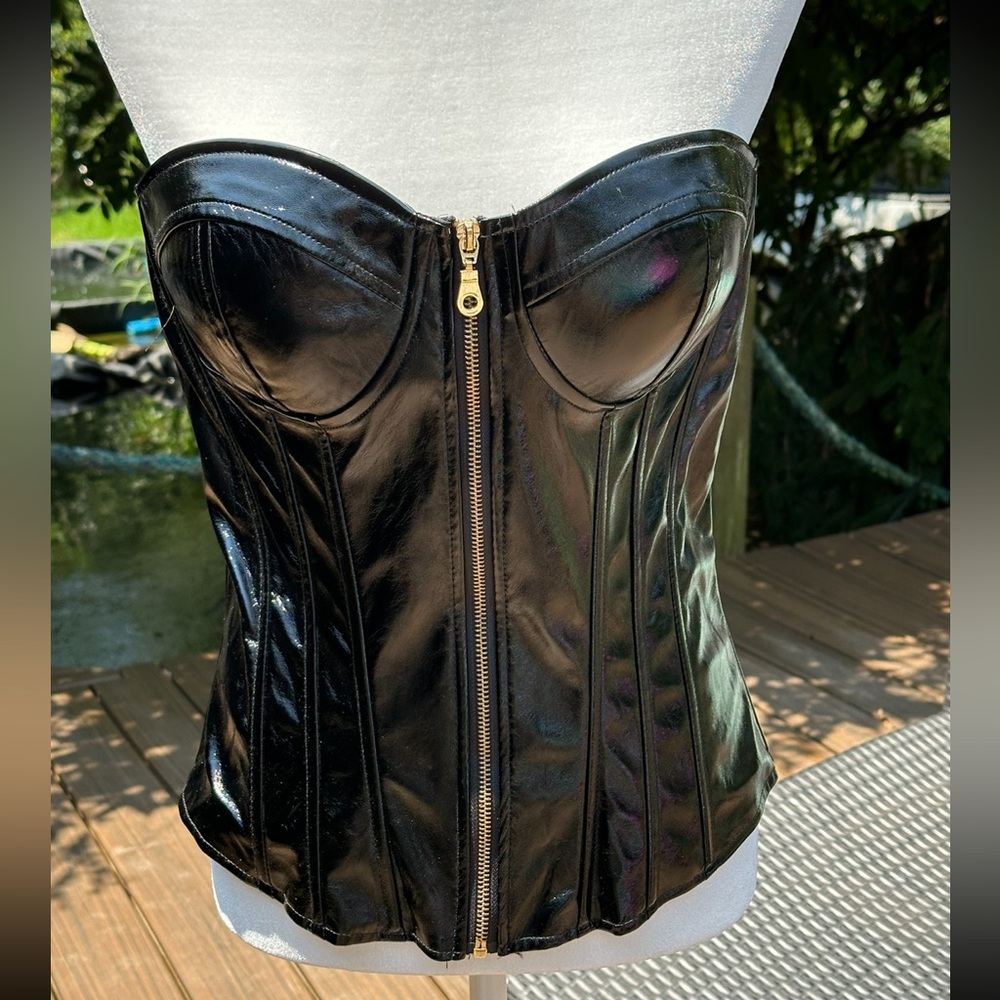 Black faux leather Corset XL NWT decorative ribbon lace up with zipper in front